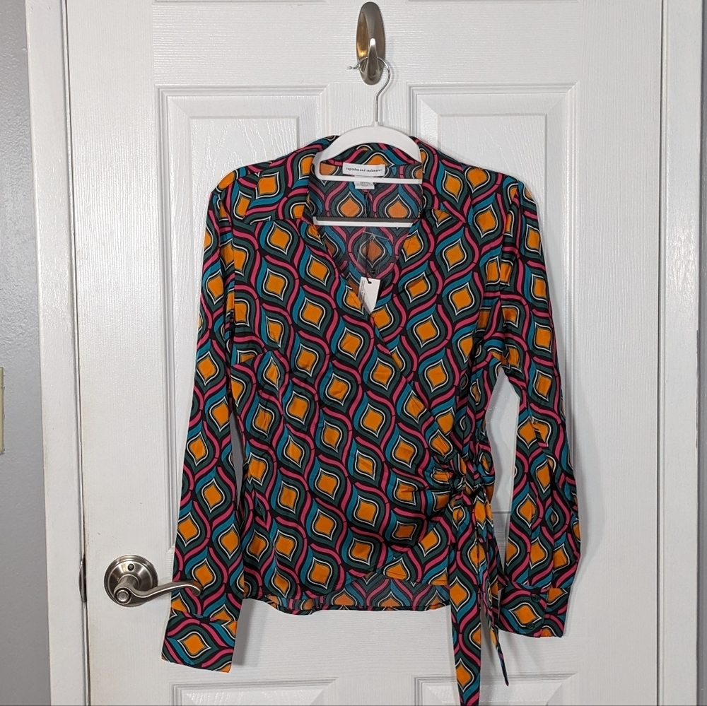 NWT Cupcakes and Cashmere Retro Geometric Print Multicolor Wrapped Blouse